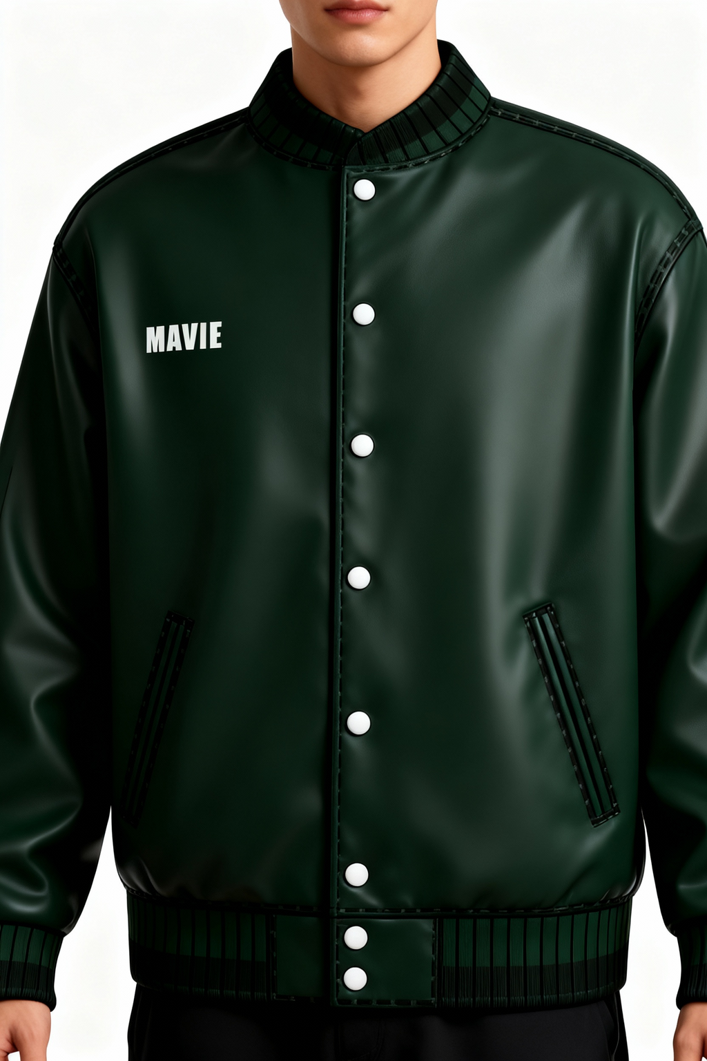 MA VIE Leather Varsity Jacket     Forest Green